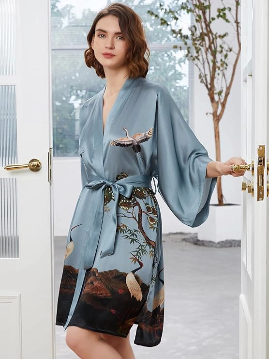 Déshabillé kimono femme en soie bleu gris