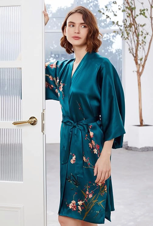 Déshabillé kimono femme en soie bleu turquoise