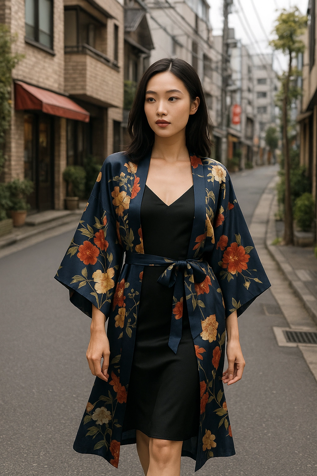porter un déshabillé kimono en soie en tenue d'extérieur